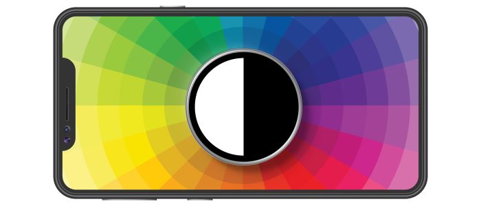 Illustration of a mobile phone with a color wheel and the contrast symbol