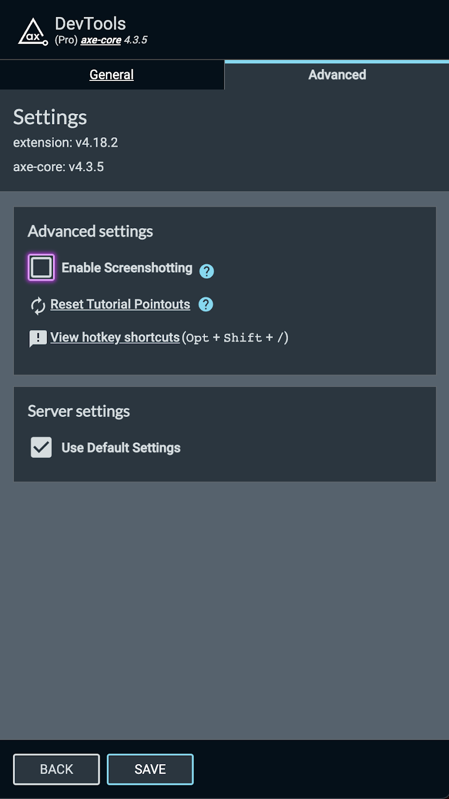 Screenshot of the Advanced Setting option where you can Enable/Disable Screenshotting functionality in the axe DevTools