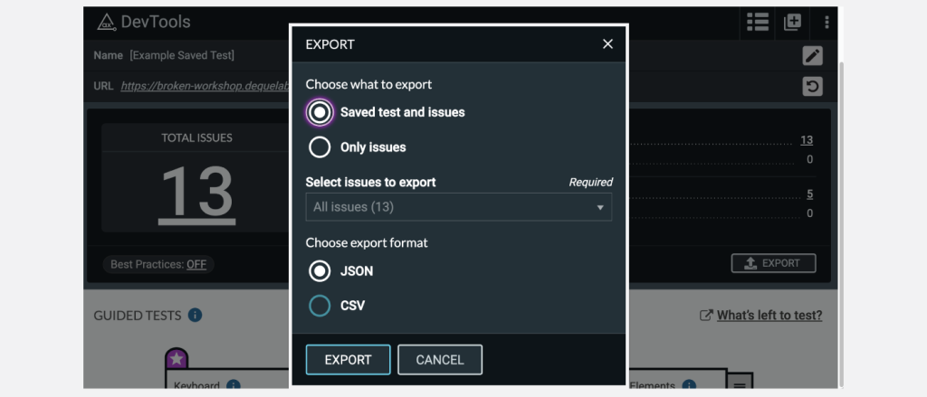 Axe DevTools Extension Updates: Export Entire Saved Test
