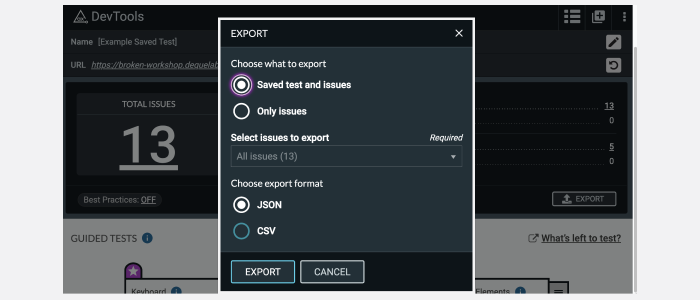 Screenshot of Export feature in the axe DevTools extension with new option for Pro users to export "Saved test and issues".