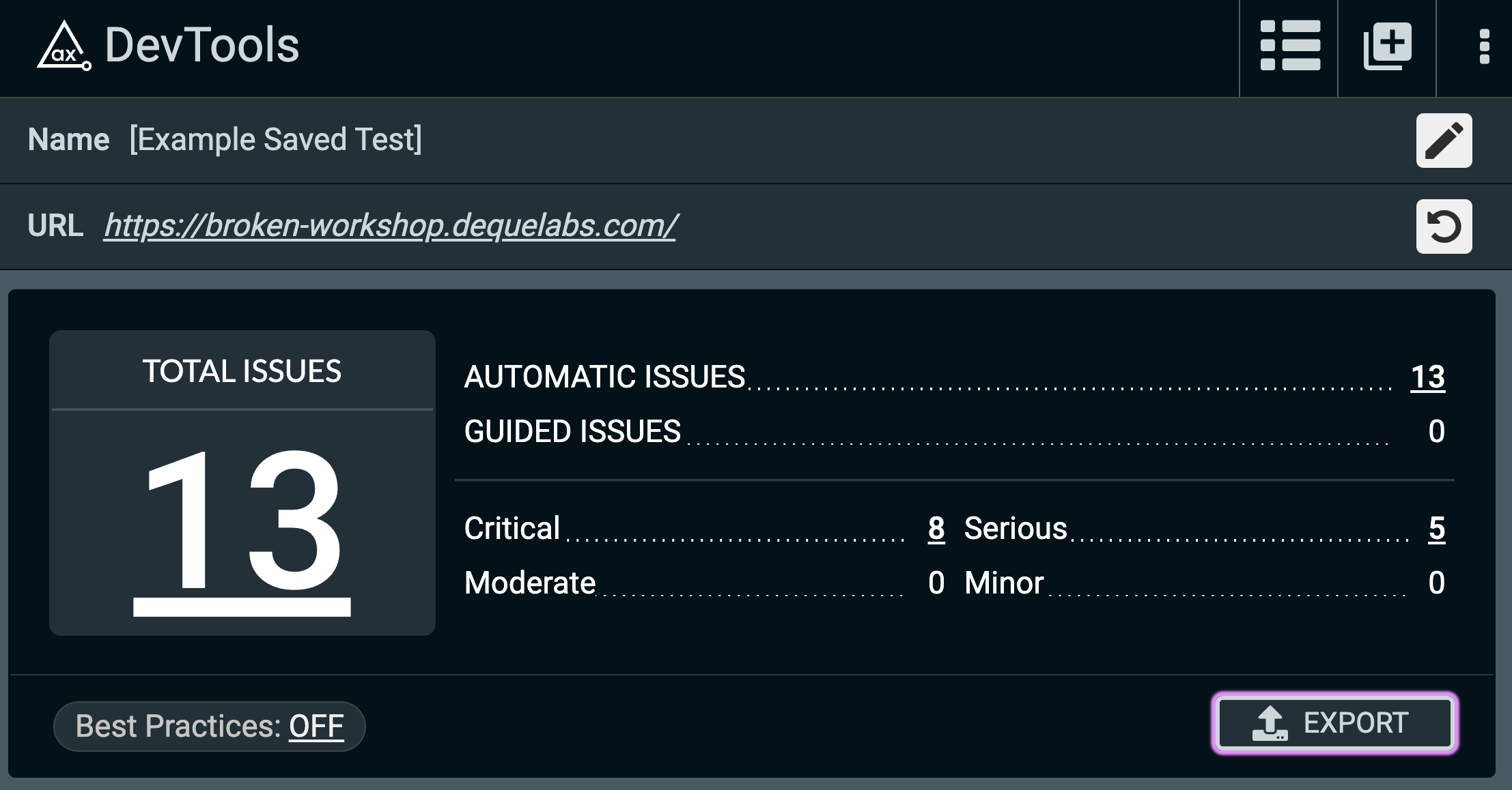 Screenshot he axe DevTools browser extension highlighting the "EXPORT" button.