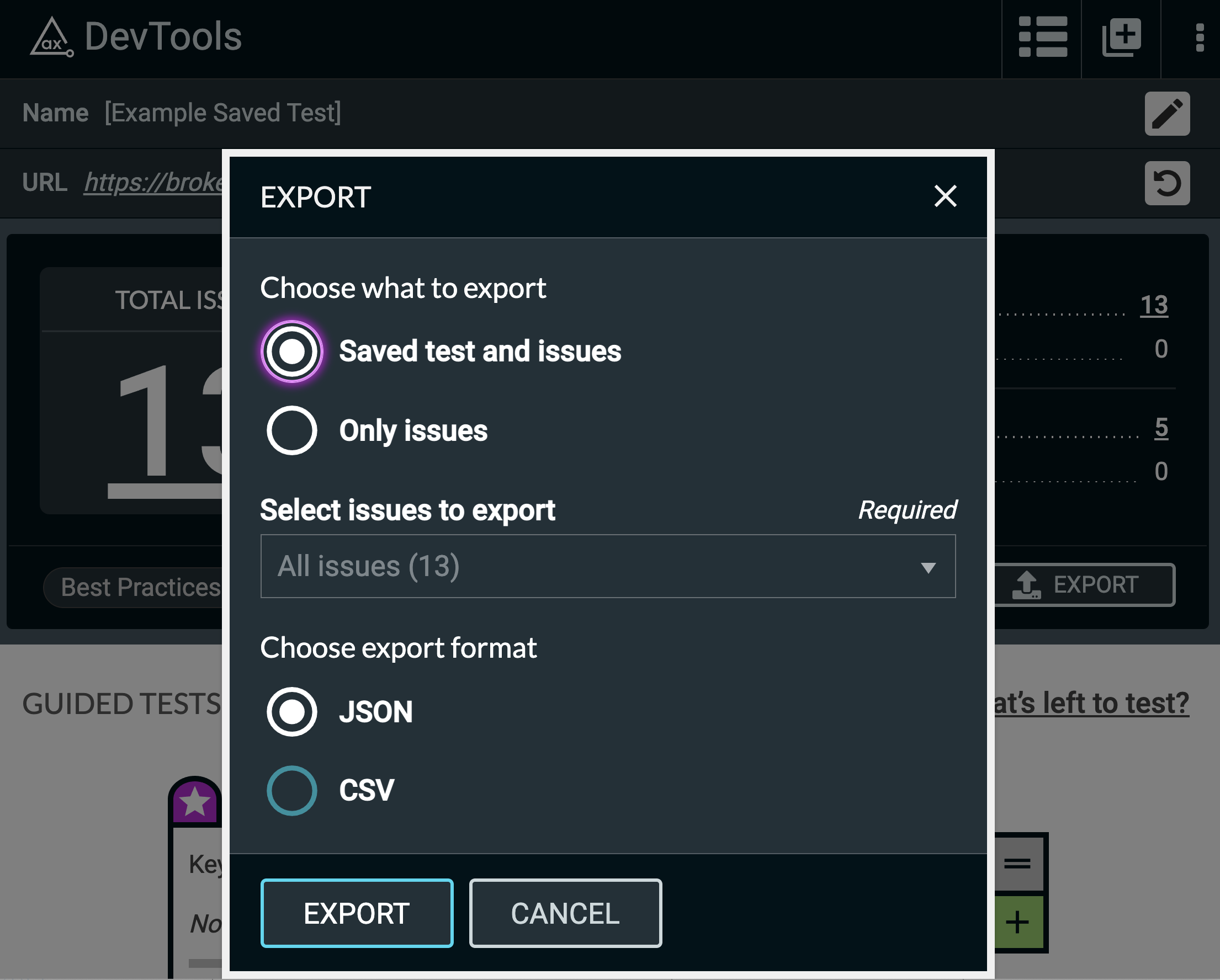 Screenshot of the Export modal in the axe DevTools extension highlighting the new option for Pro users to export "Saved test and issues".