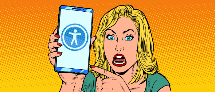 A passionate mobile developer pointing at their mobile phone with the accessibility icon on it