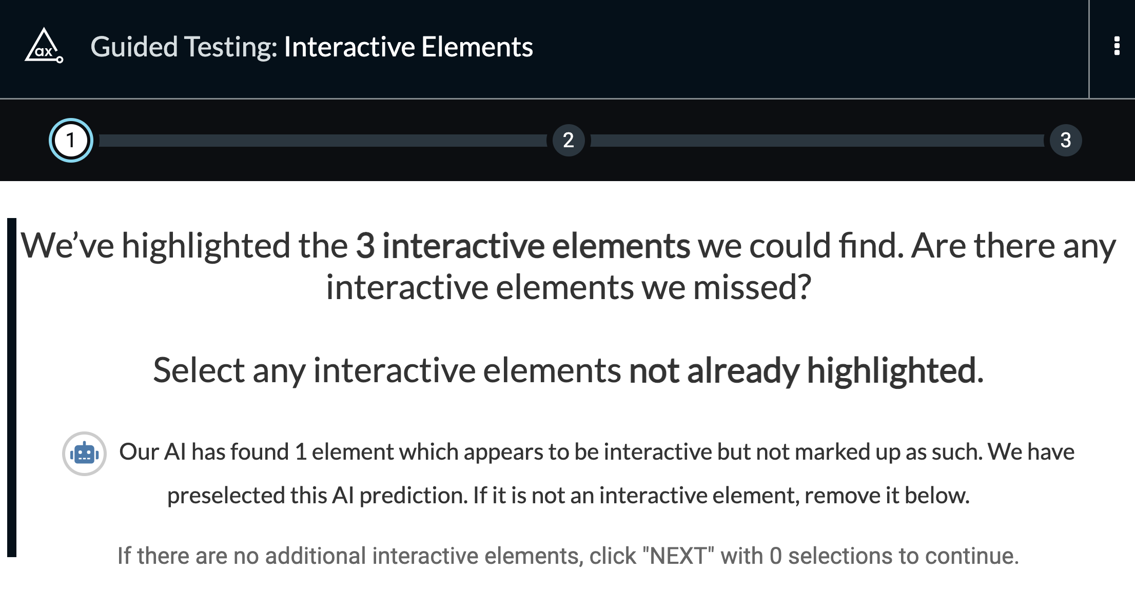 Screenshot of a new notification in the Interactive Elements IGT that states "Our AI has found 1 element which appears to be interactive but not marked up as such. If this is not an interactive element please remove it."