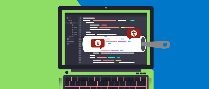 Illustration of a stylized lint roller rolling over a code editor, catching accessibility bugs