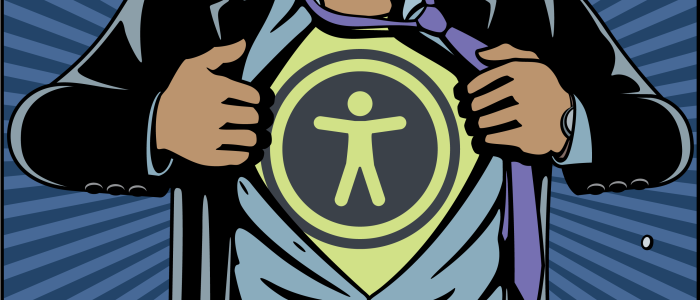 Person changing into superman with the accessibility icon on their chest