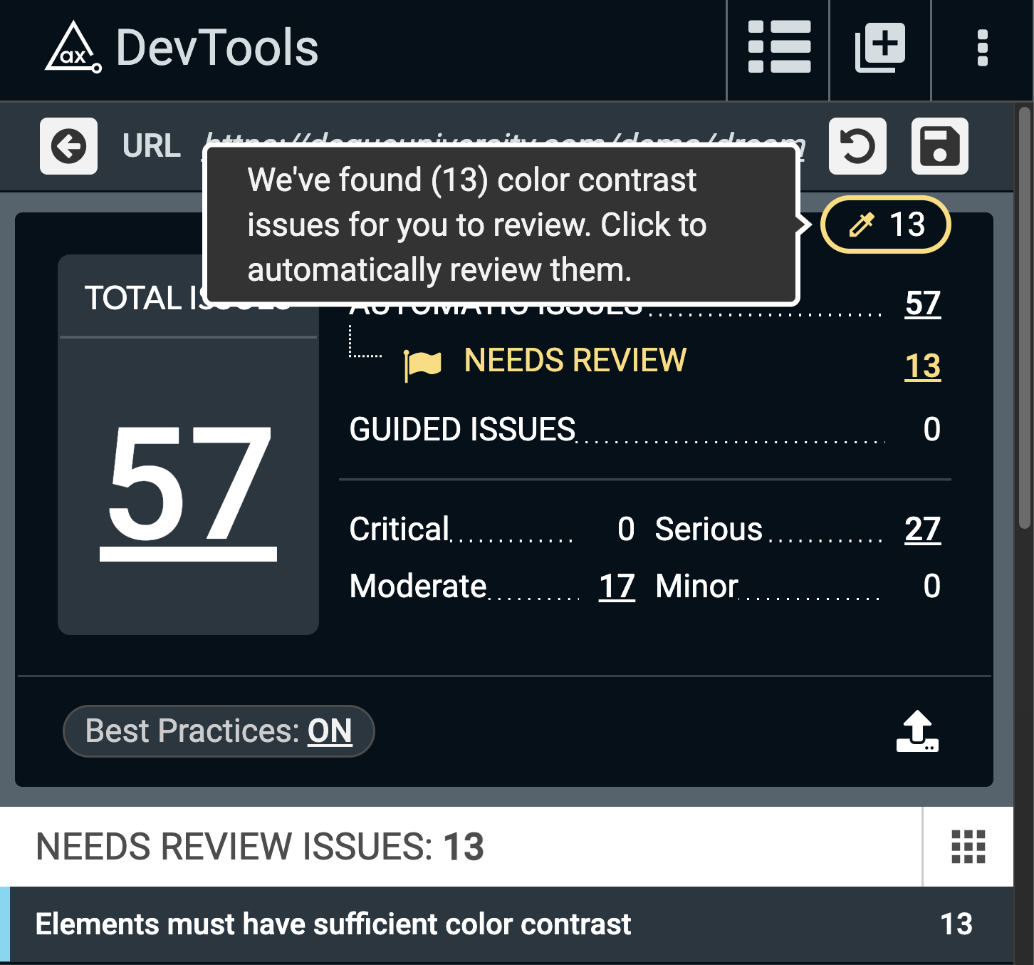 Screenshot of the axe DevTools extension displaying a button tooltip that states "We've found (13) color contrast issues for you to review. Click to automatically review them”.