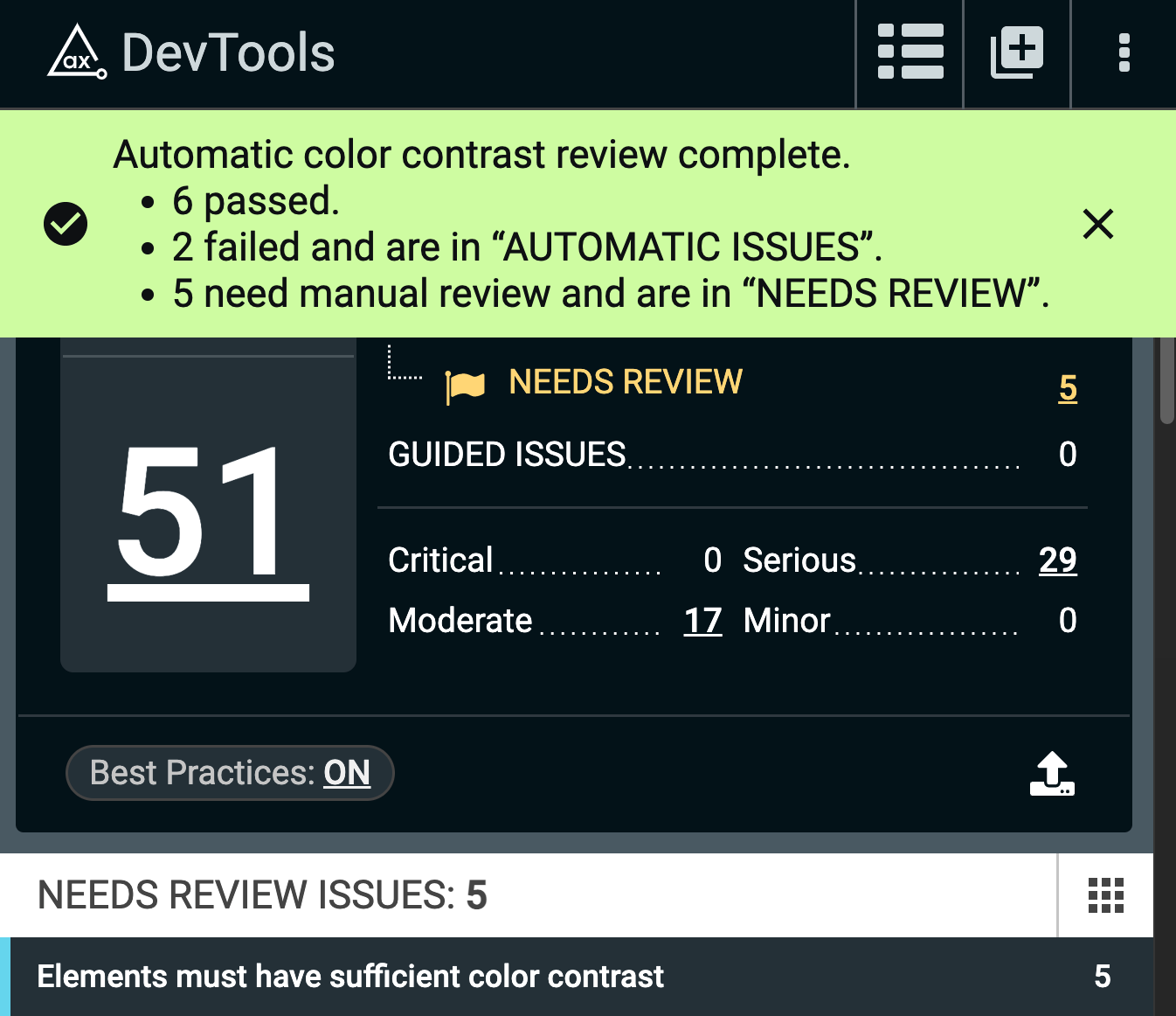 Screenshot of the axe DevTools extension displaying the Results received after running the Color Contrast Analyzer: "Automatic color contrast review complete. 6 passed, 2 failed and are in 'AUTOMATIC ISSUES', and 5 need manual review and are in "NEEDS REVIEW".