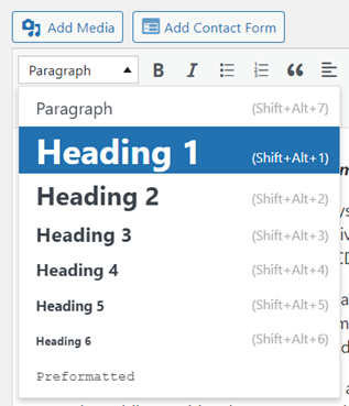 Screenshot of the WordPress Headings interface, depicting a drop down of various heading options.
