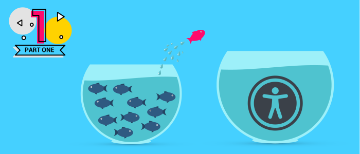 One fish jumping away from group into a new bowl with an accessibility icon in it (part 1)