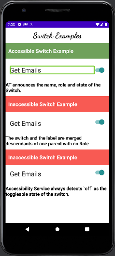 Screenshot showing various Switch Examples along with description, coded with Jetpack Compose.