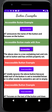 Screenshot showing various Button Examples along with description of each button coded with Jetpack Compose.