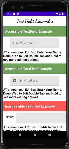 Screenshot showing various Text Field Examples along with description, coded in Jetpack Compose.