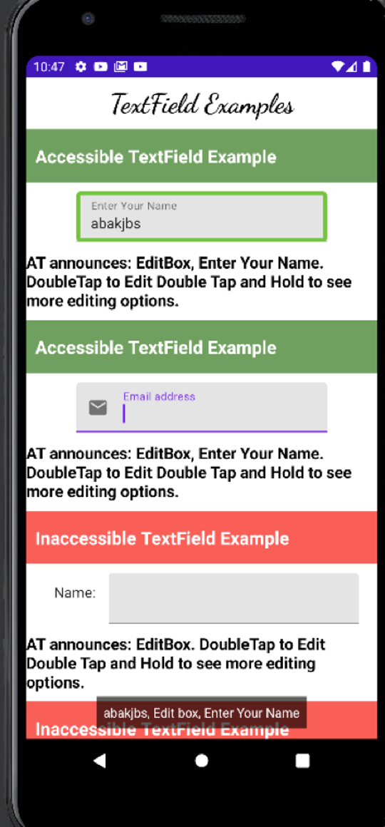 Screenshot showing how labels automatically persist for Text Fields in Jetpack Compose.