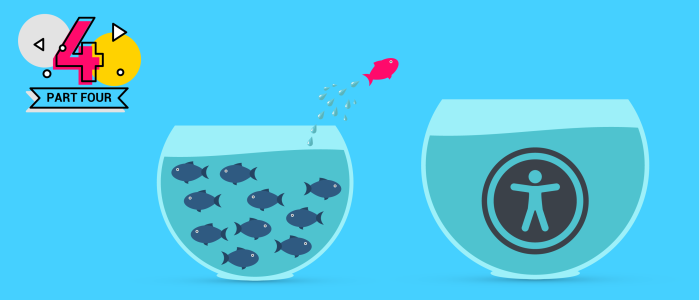 One fish jumping away from group into a new bowl with an accessibility icon in it (Change Management illustration for part 4)