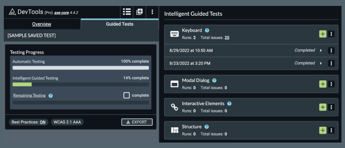 Screenshot of new and enhanced Intelligent Guided Testing UI showing multiple runs completed for the Keyboard IGT in the axe DevTools extension.