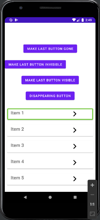 Screenshot of Android element showing four buttons at the top and a list of five items arranged in a list and TalkBack is focusing on the first element of the list.