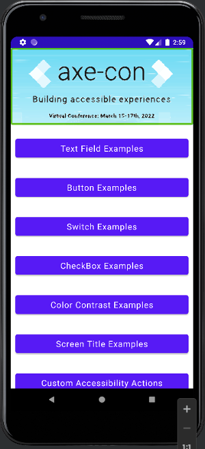 Screenshot of Android Emulator showing an Image with axe-con conference logo along with dates of the conference on the top and example buttons below the image.