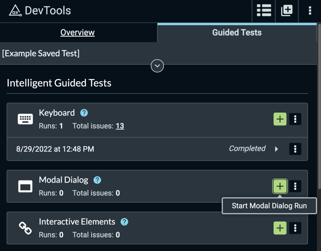 Screenshot of the Guided Test tab with "Stat Modal Dialog Run" highlighted in the axe DevTools extension.