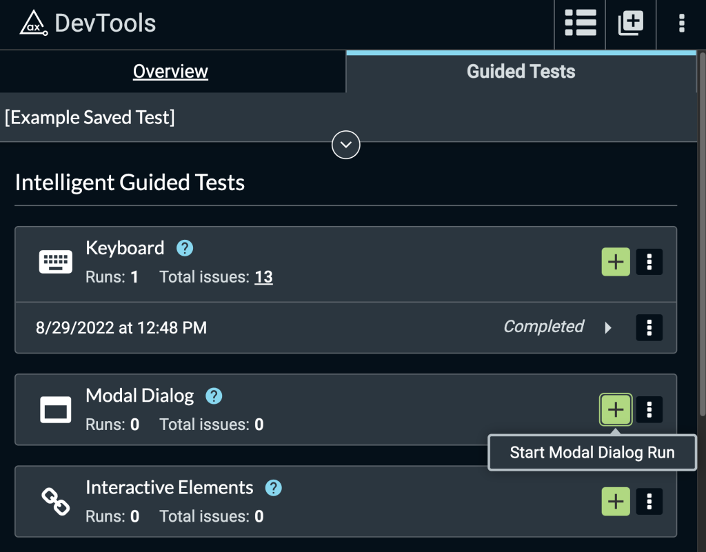 Screenshot of the Guided Test tab with "Stat Modal Dialog Run" highlighted in the axe DevTools extension.