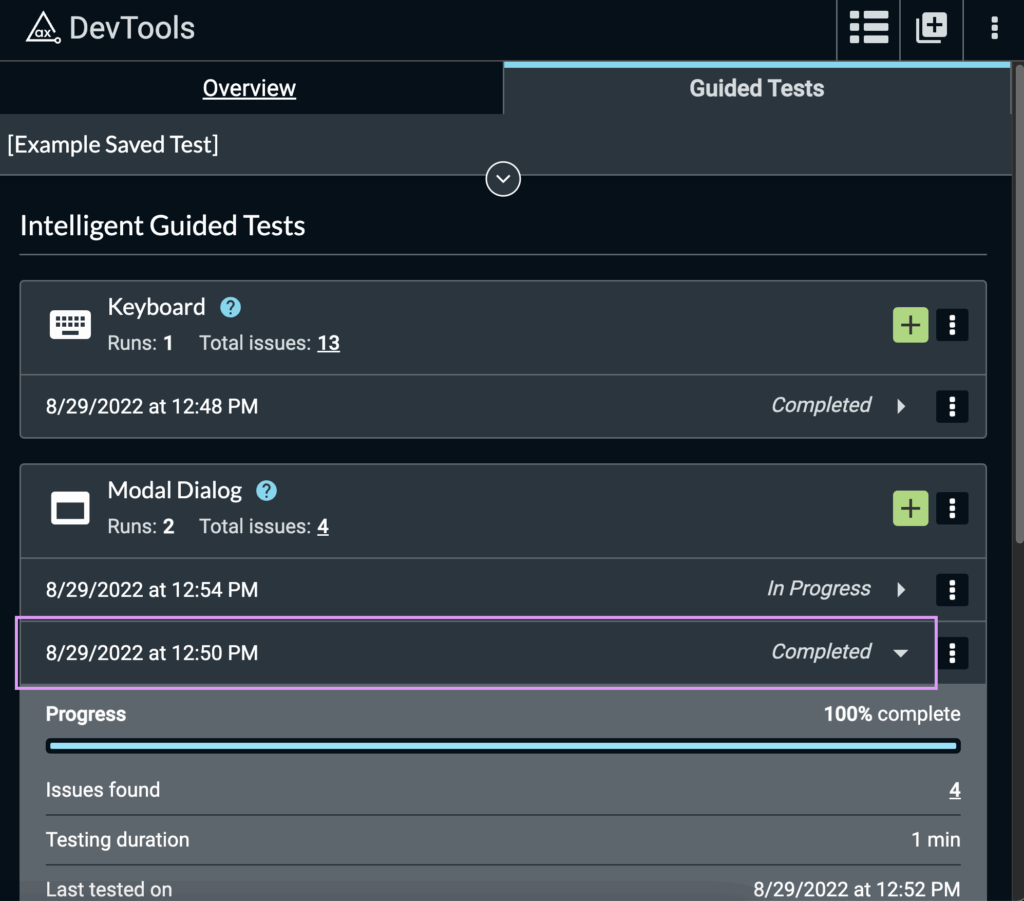 Screenshot of the Modal Dialog Intelligent Guided Test with 1 run in progress and 1 completed in the axe DevTools extension.