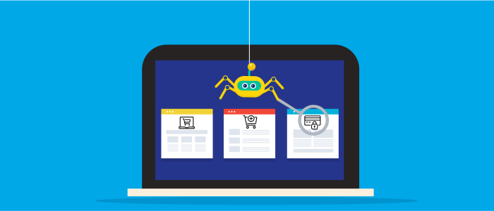 Illustration of a spider looking at a laptop with a magnifying glass