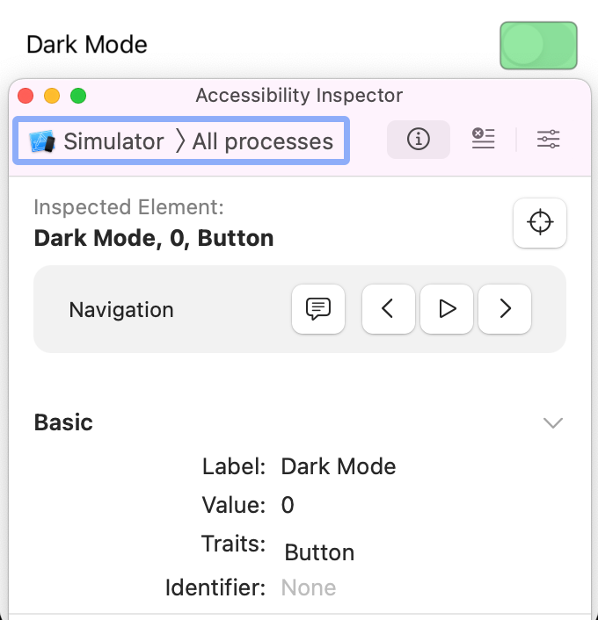 Accessibility inspector looking at Dark Mode setting