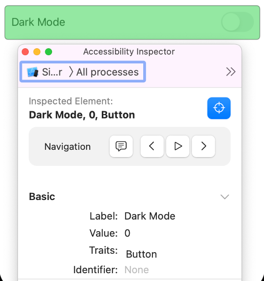 Accessibility Inspector looking at Dark Mode element