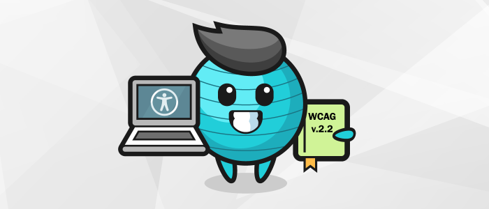 An illustration of a cute "internet sphere" with a face and hair, holding a WCAG 2.2 book.