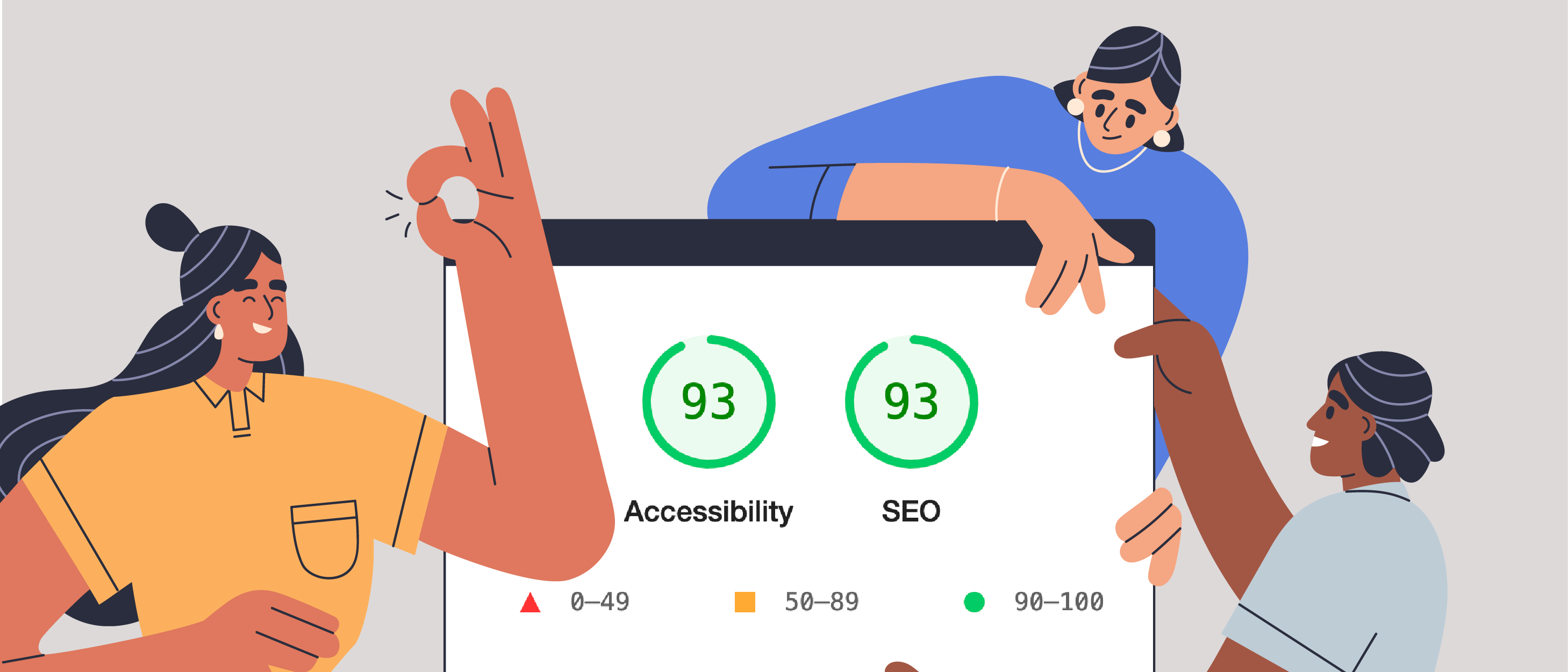 graphic of cartoon characters holding a screen with numbers for accessibility and SEO metrics 