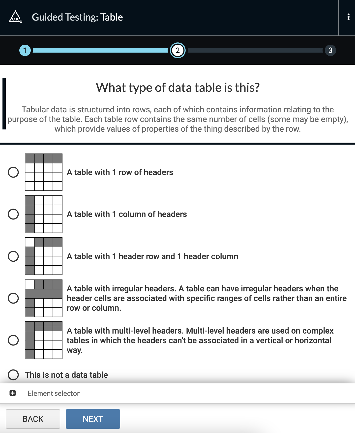 Easily determine your data table type in our new Intelligent Guided Test by selecting from 5 different descriptions and diagrams, or you can select if it is not a data table.