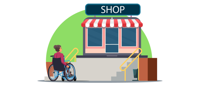 A person in a wheelchair at the bottom of steps which lead to a storefront imposed on a laptop