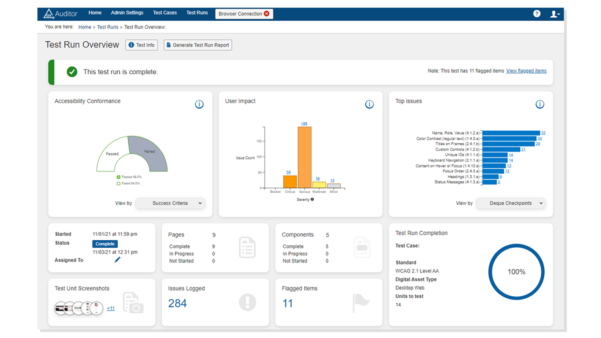 Screenshot of axe Auditor showing audit test result summaries