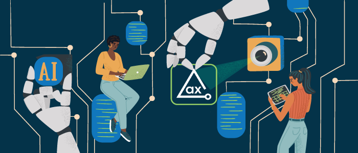 Illustration of people controlling robotic arms one holding a sign that says "AI" and one holding the axe logo.