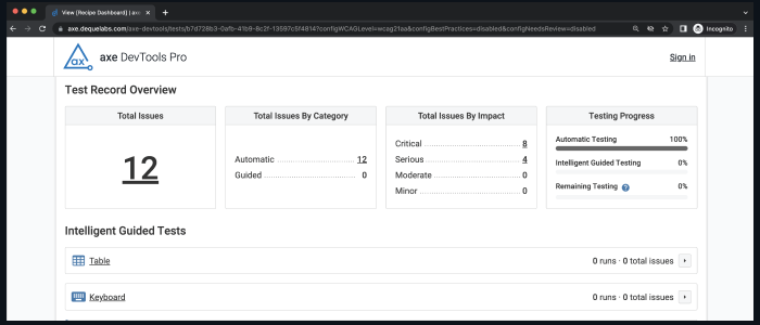 Screenshot of the the Share Test Record overview page which contains a breakdown of all testing done within a given saved test in the axe DevTools extension.