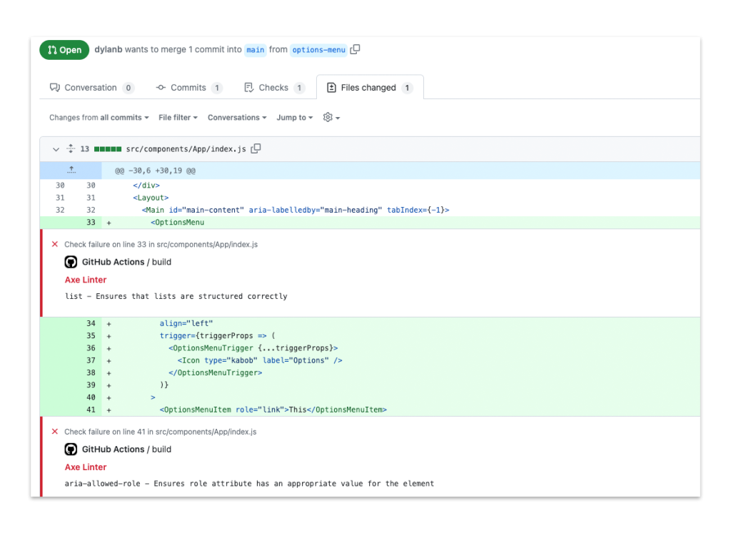 Screenshot from GitHub Actions showing how, with a few lines of code, axe DevTools Linter can be run as a part of automated pull requests.