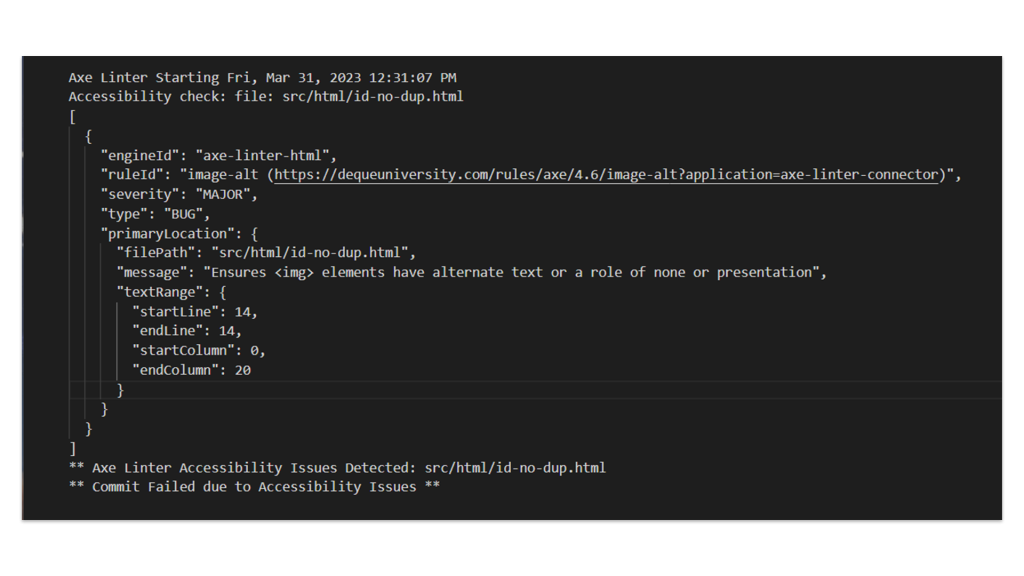 Screenshot of code showing the few lines of code required to add axe DevTools Linter to the pre-commit hook in GitHub.