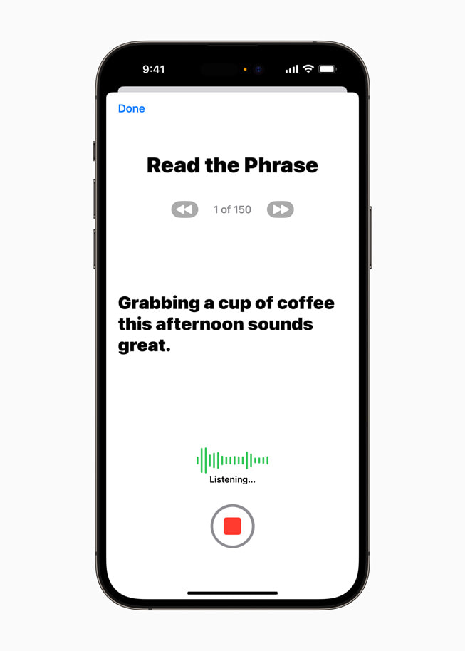 Screenshot of the Personal Voice feature learning a user’s voice so that Live Speech sounds like them.