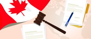 World map outline with Canadian flag, legal documents and judicial gavel