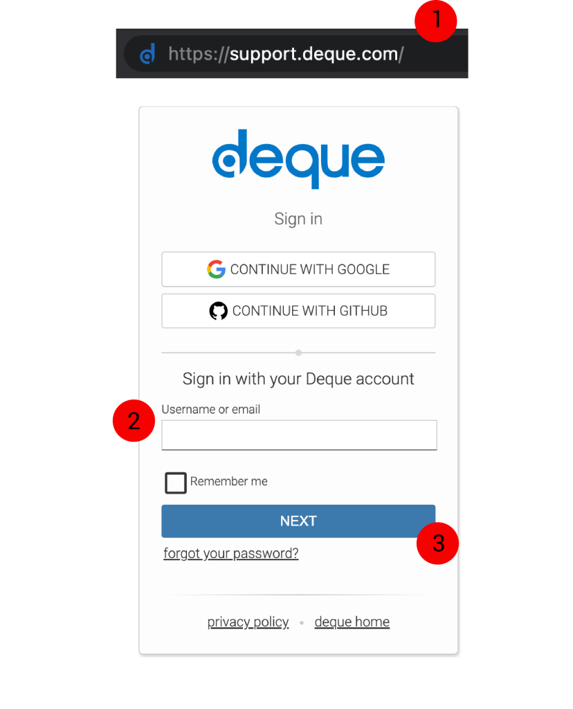 Screenshot of Deque login modal