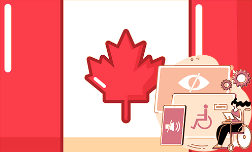 Canadian flag with digital accessibility icons and woman in wheelchair