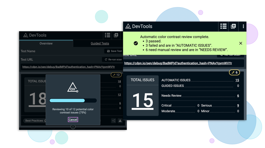 Screenshot of the color contrast analyzer results showing 3 accessibility issues passed, 3 failed and got moved to automatic issues, and 6 still need manual review.