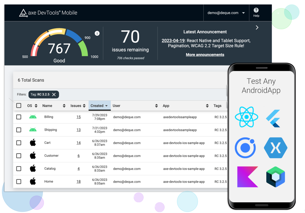 The axe DevTools Mobile dashboard and a mobile phone that says 