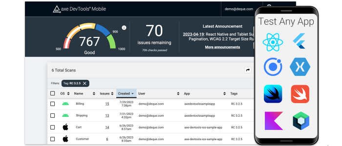 The axe DevTools Mobile dashboard and a mobile phone that says "Test Any App" with the following logos: React, Flutter, Ionic, Xamarin, SwiftUI, Swift, Kotlin, and Jetpack Compose.