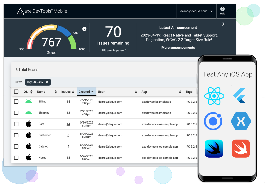 The axe DevTools Mobile dashboard and a mobile phone that says 