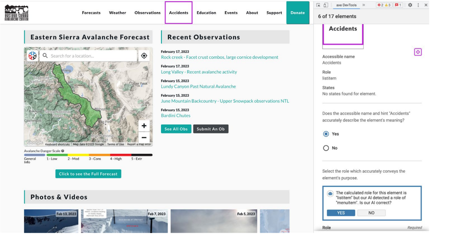 Screenshot of Eastern Sierra Avalanche Center labelled by ML