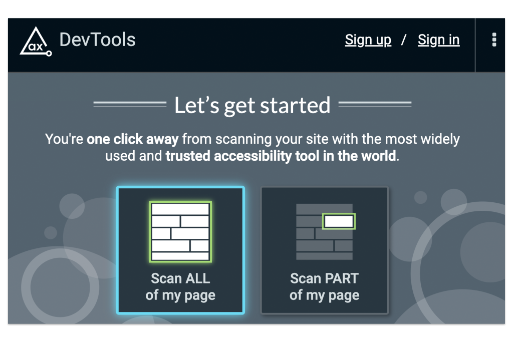 Screenshot of the welcome screen in the axe DevTools browser extension.