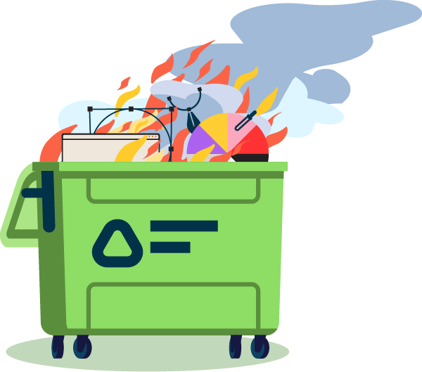 A dumpster fire with various design tools inside