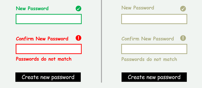 A form field depicting a red outline, error text message and unique symbol to indicate an invalid form field entry