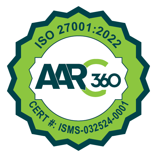 Logo granted by AARC 360 that Deque is ISO 27001:2022 certified with certification number ISMS-032524-0001